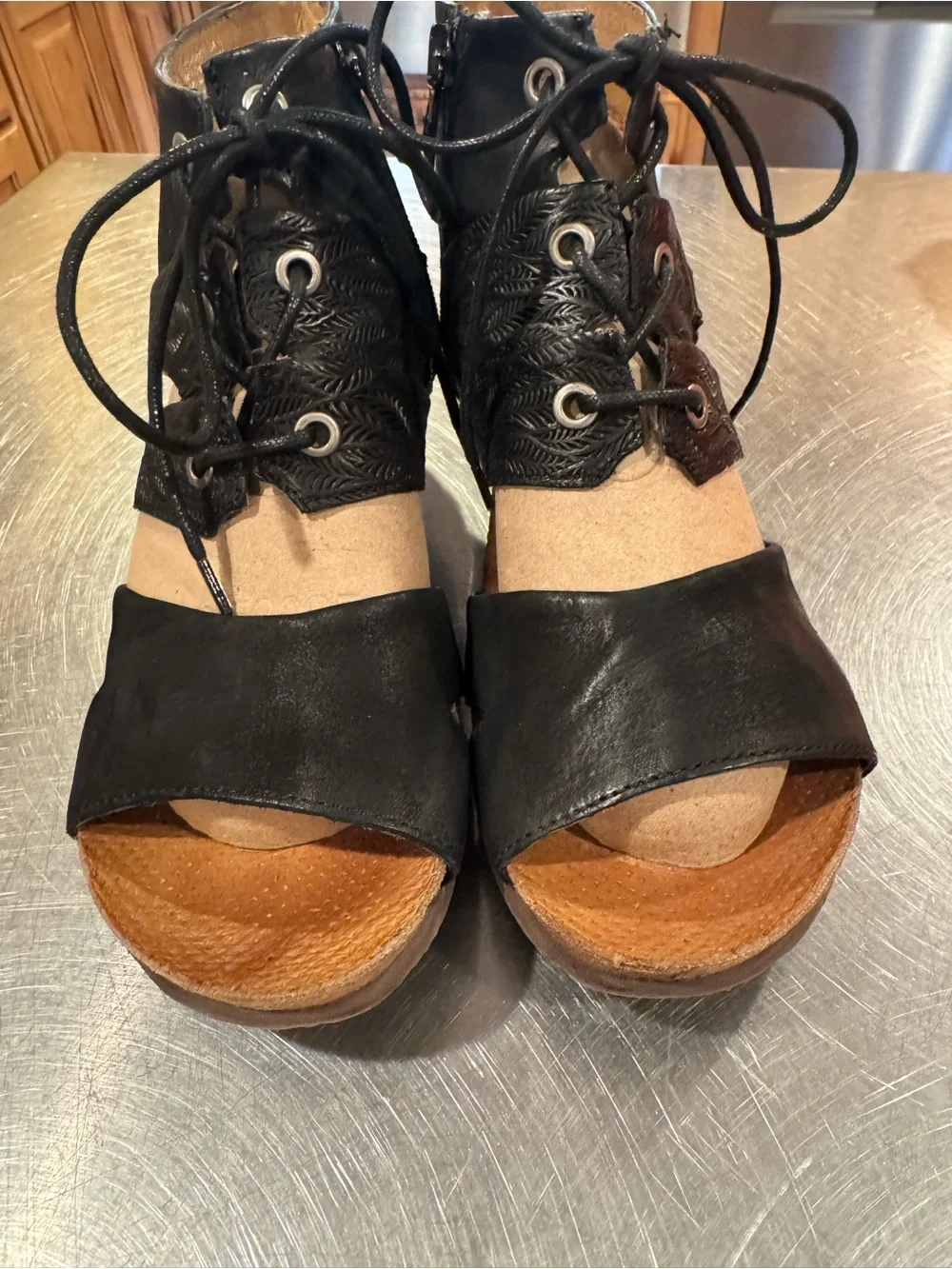 Miz Mooz Black Open-Toe Lace-Up Wedge Sandals